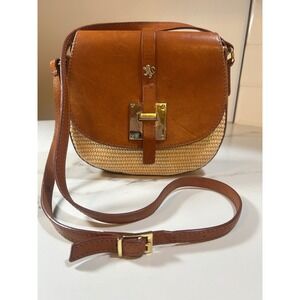 Pratesi Firenze Italian Leather and Woven Straw Crossbody Saddle Bag Brown